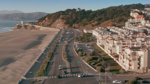 Aerial: Ocean Beach and the Outer Richmond district. San Francisco, USA Stock Footage 162184131