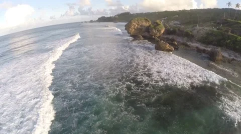 Aerial Of Ocean, Beach, Waves &amp; Rocks In Barbados Stock Footage 45166758