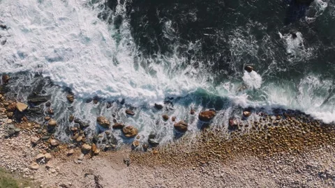 Aerial Ocean Waves Breaking on Coast, Overhead Wide Stock Footage 342984840