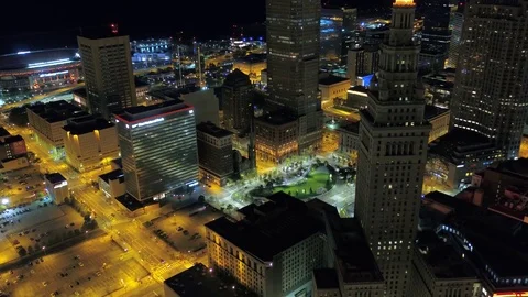 Aerial Ohio Cleveland July 2017 Night 4K Inspire 2 Stock Footage
