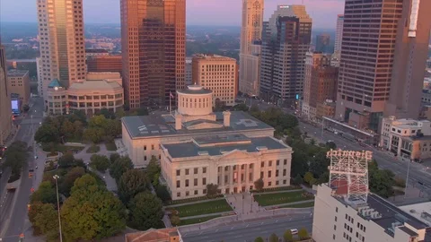 Aerial: Ohio Statehouse in downtown Columbus, Ihio, USA Stock Footage