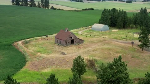 Aerial: Old barn and wheat farm, Vallyford, Washington, USA Stock Footage 159727443
