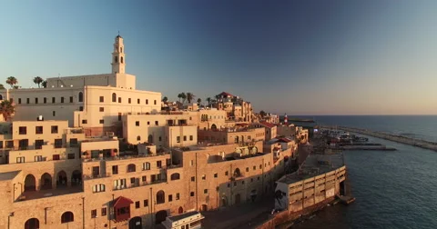 Aerial of old port of Jaffa city in Israel Stock Footage
