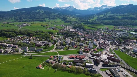 An aerial of the old town of Châtel-Saint-Denis in Switzerland Stock-Footage 308358387