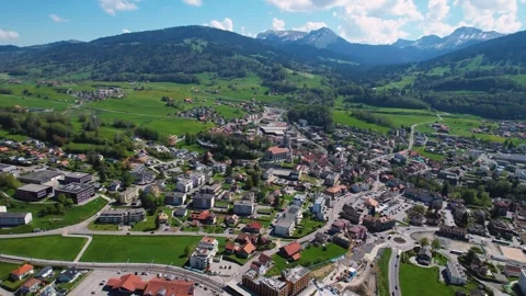 An aerial of the old town of Châtel-Saint-Denis in Switzerland Stock Footage 308388596