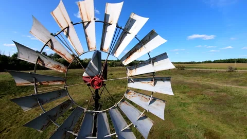 Aerial Old Windmill Rural Wind Energy Water Pump Farm Agriculture Stock Footage 144780913