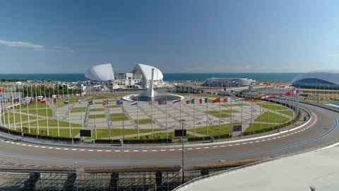 Aerial olympic park main square Sochi modern district sports buildings fountain Stock Footage 122226993