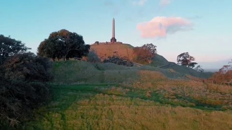 Aerial: One tree hill at sunset, Auckland, New Zealand Stock Footage 161051981