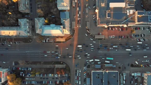 Aerial or top view from drone to European city crossroad or intersection with Stock Footage