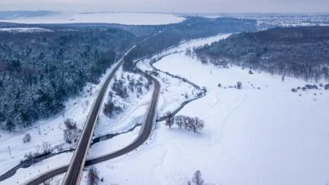Aerial or top view from a drone on a highway in winter weather Stock Photos