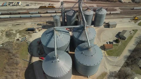 Aerial Orbit Above Grain Silos And A Rail Yard In Bloomington Stock Footage 342154793