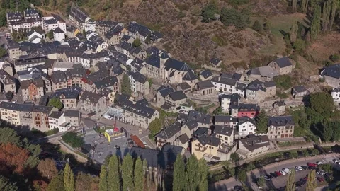 Aerial Orbit Around Central Square of Sallent de Gallego Stock Footage 346642389
