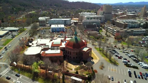 Aerial Orbit Around First Baptist Church Of Asheville And Its Copper Dome Stock Footage 341975396