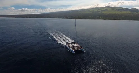 Aerial Orbit Around Front of Catamaran Boat in Hawaii Stock Footage 89035883