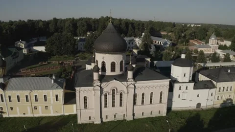 Aerial orbit around large monastery church Stock Footage 328389640