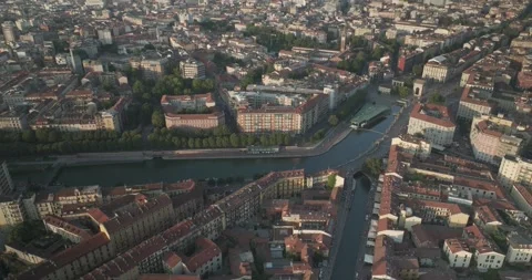 Aerial Orbit Around the Navigli District in Milan, Italy Vídeo Stock 344468728