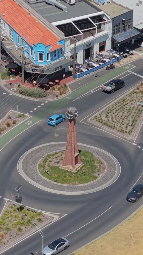Aerial Orbit of Black Rock Clock Tower Roundabout in Melbourne Australia Stock Footage 327911455
