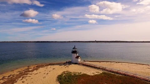 Aerial Orbit of Brant Point Lighthouse in the Fall, Nantucket Stock Footage 87964227