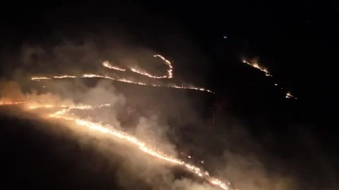 Aerial orbit of brush fire at night in the blue ridge mountains Stock Footage 332225982