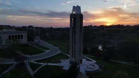 Aerial Orbit of the Campanile in Warm Spring Sunset Light Video stock 337970424