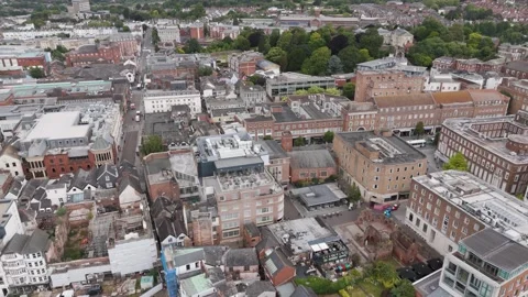 Aerial orbit capturing the vibrant heart of Exeter city center in Devon, UK Stock Footage 279541573