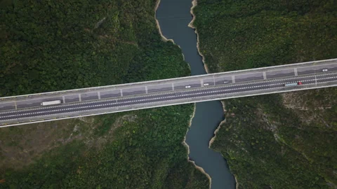 Aerial Orbit Clockwise Highway Suspension Bridge 4K HLG Stock Footage 345620204