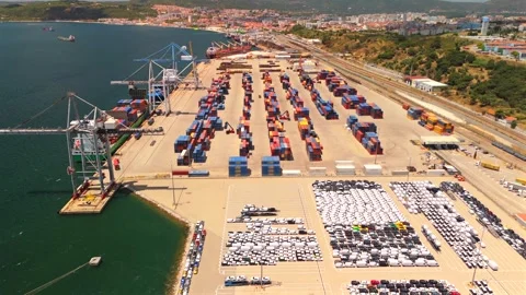 Aerial Orbit Of Container Yard And Vehicle Lot At Setubal Port Stock-Footage 339032519