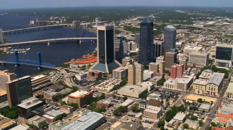Aerial orbit of downtown Jacksonville, Florida. Shot in 2007. Stock Footage