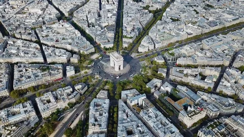 Aerial, orbit, drone shot, of almost empty streets in Paris and the Arc de Stock Footage 127333075