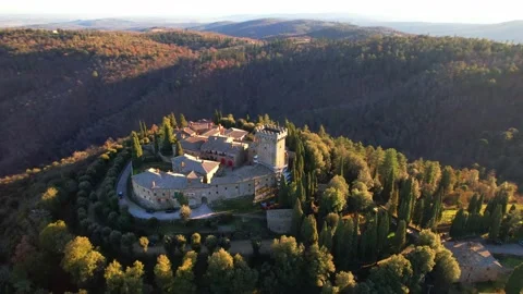 Aerial orbit up drone view Gargonza medieval castle Tuscany Italy Arezzo 스톡 동영상 168533113