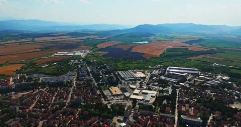 Aerial Orbit Globalization Modern District In Small Eastern European Rural Town Stock Footage 289418251