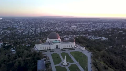 Aerial orbit of the Griffith Observatory and the Los Angeles skyline. Stock Footage 165132891