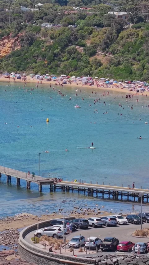 Aerial Orbit of Half Moon Bay Jetty and Beach in Black Rock Melbourne Video stock 327911535
