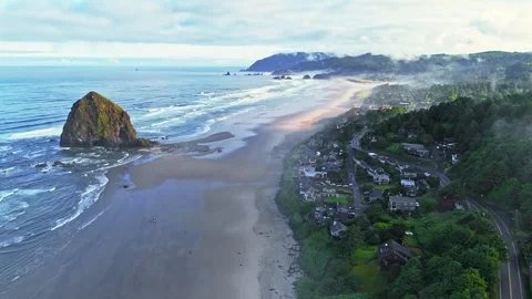 Aerial orbit of Haystack Rock Stock Footage 312534026