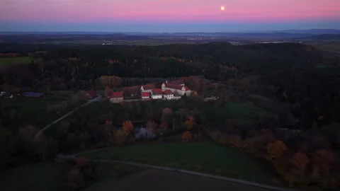 Aerial Orbit of Kirchberg Monastery with Full Moon at Dusk, Germany Stock Footage 320636809