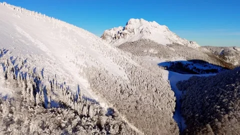 Aerial orbit lateral tracking over snowy forested mountain slope with rocky Stock Footage 323381604