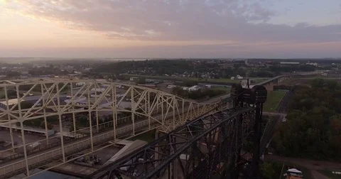 Aerial orbit left across the Sault Ste Marie International Bridge Stock Footage 80923283