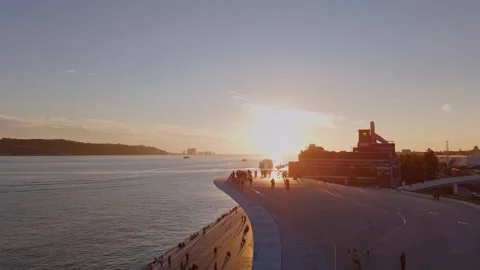 Aerial Orbit of MAAT Museum at Sunset in Lisbon, Portugal. Vertical video Stock Footage 320172391