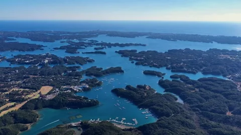 Aerial Orbit Over Ago Bay’s Forested Islands and Sheltered Inlets, Japan Video stock 342237076