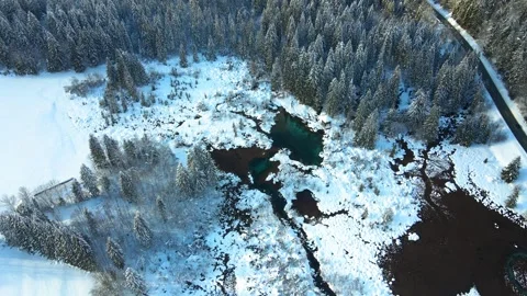Aerial orbit over snow-covered Zelenci Nature Reserve, revealing pools 動画素材 346654732