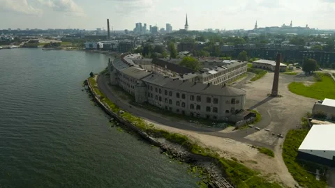 Aerial orbit panoramic view over Battery Sea Fortress, prison and Tallinn city Stock Footage 317144079