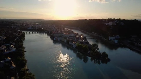 Aerial orbit of Passau old town at the confluence of three rivers at sunset Video stock 340454985