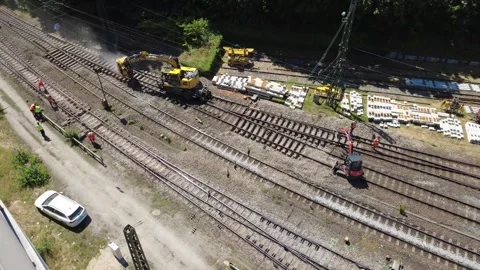 Aerial orbit of railway track construction site, Passau, Germany Stock Footage 338258264