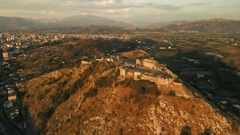 Aerial Orbit of Rozafa Castle in Shkoder Albania at Golden Hour Stock-Footage 332512026