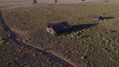 Aerial orbit of a rustic cabin and homestead on the prairie Stock Footage 287333643