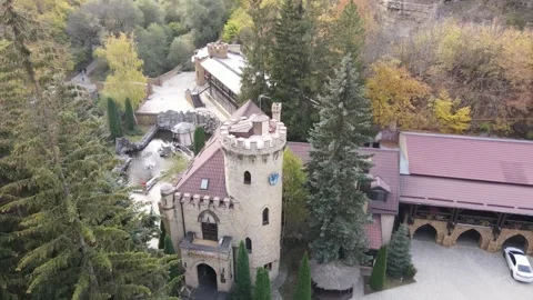 Aerial orbit shot of the Castle of Deceit and Love, Kislovodsk Video stock 338054276