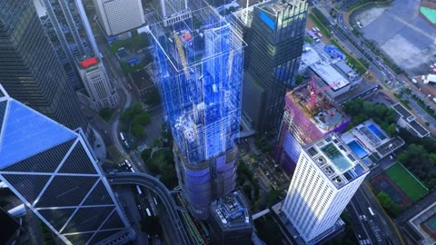 Aerial orbit shot of digital motion graphic showing construction site Stock Footage 234508931