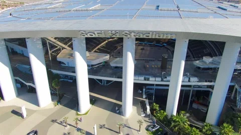 Aerial Orbit Shot of Front Exterior at SoFi Stadium in Inglewood CA Stock Footage 334696089