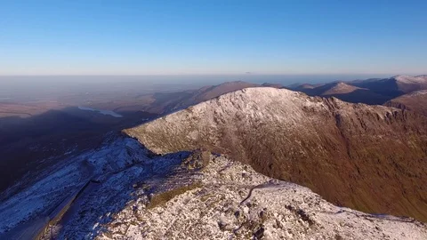 Aerial orbit of the summit of Mount Snowdon on a beautiful sunnny winter day. 스톡 동영상 71267169