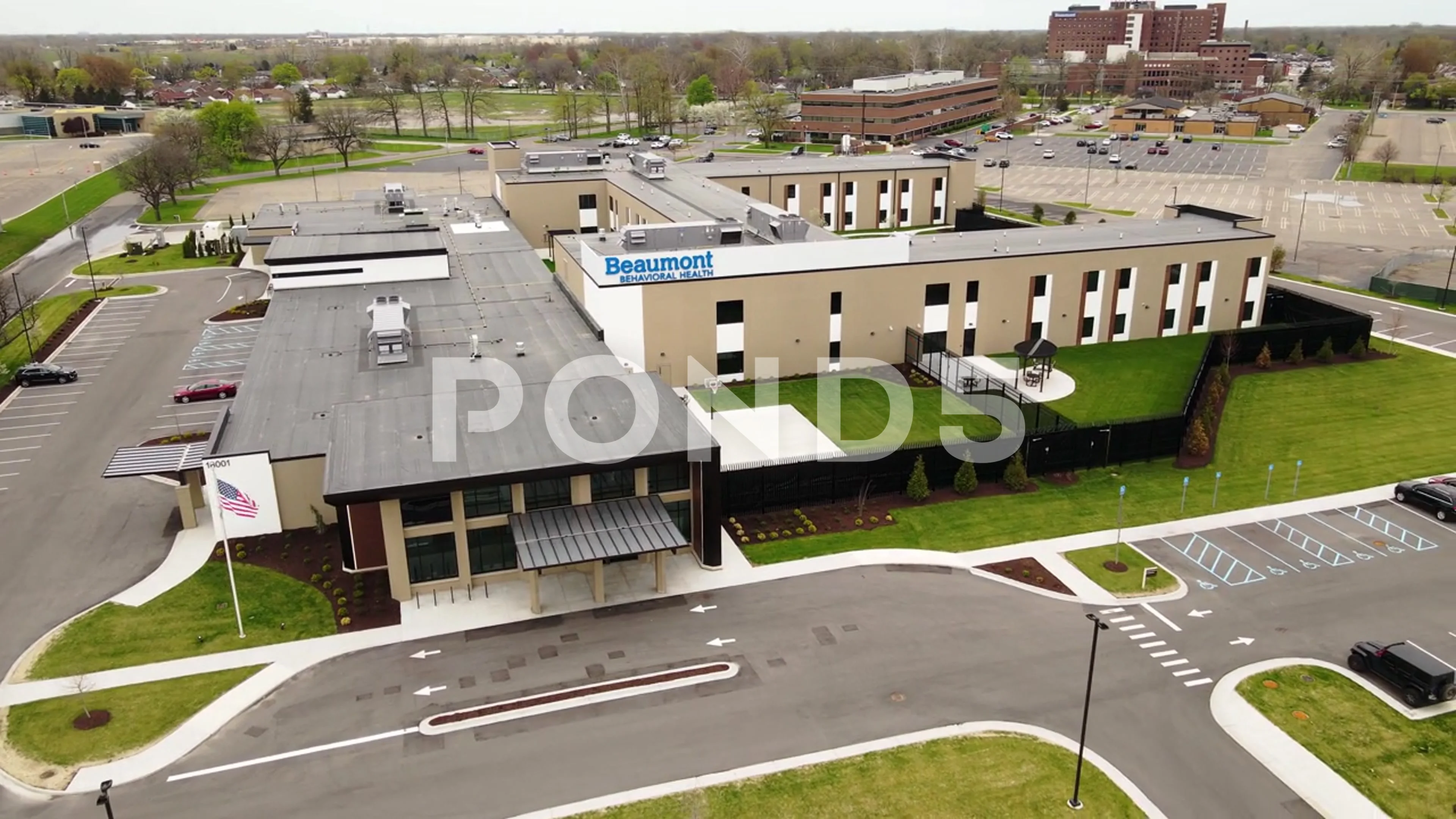 Aerial Orbit View of Beaumont Behavioral Health Center building Dearborn